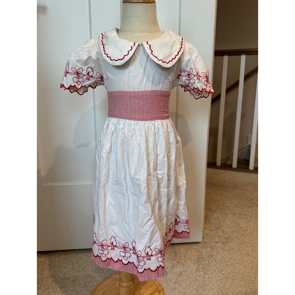 Powell Craft England Girls White Red Embroidered Bird Cotton Dress 4-5Y Vintage